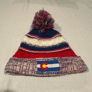 Colorado Adult Striped Pom-Pom Beanie - Red, White, Blue Woven Knit Winter Hat